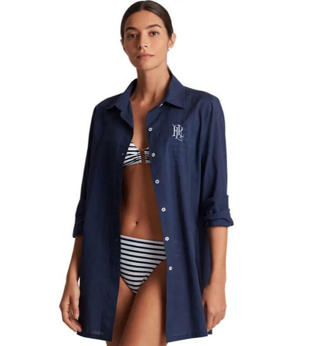 Ralph Lauren Women's Blue Logo Embroidered Shirt Swim Cover-Up L NWT